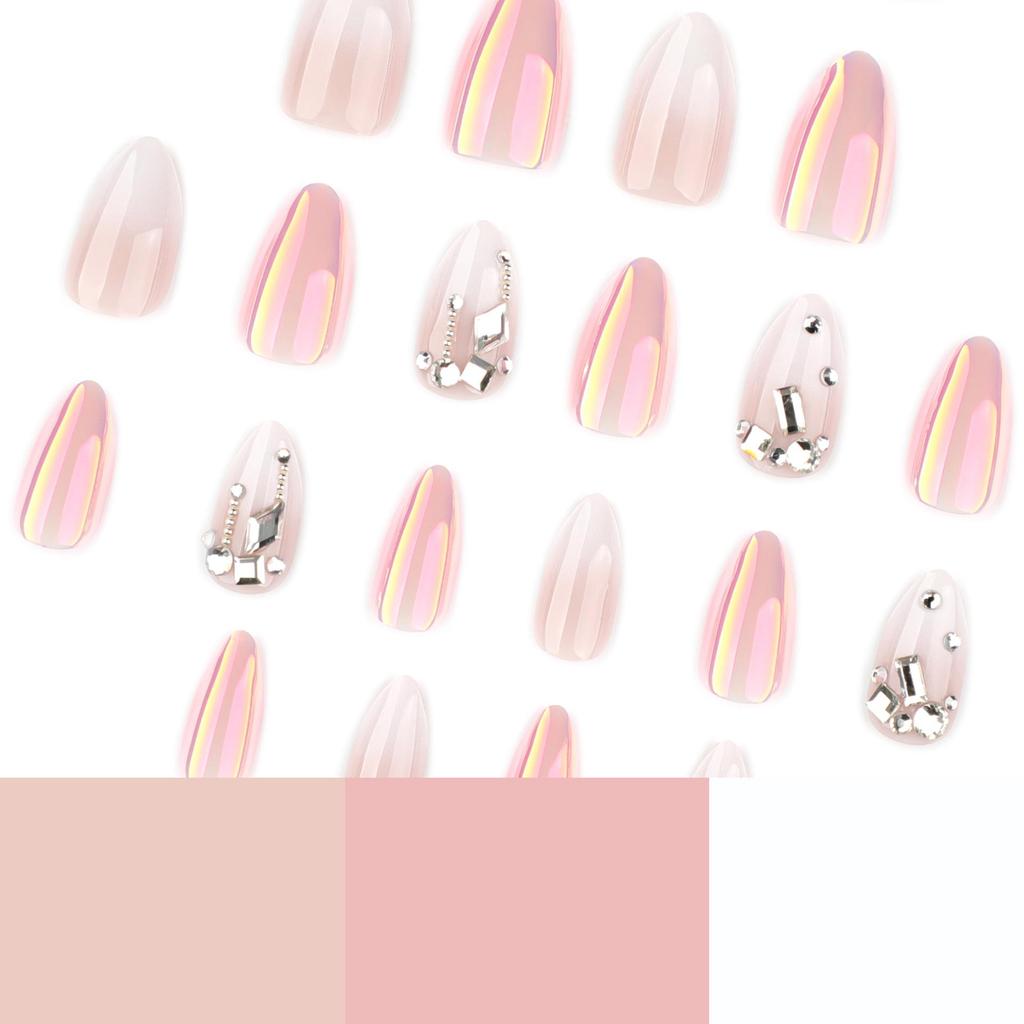 French White Gradient Rhinestone Almond-Shaped Fake Nails