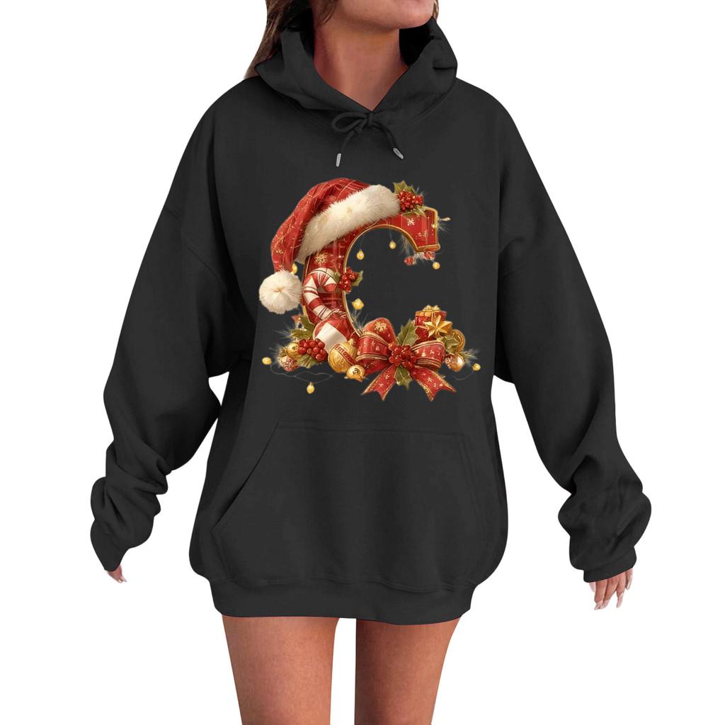 Women's Casual Comfortable Long-Sleeved Christmas Letter-Printed Warm Hooded Crew-Neck Sweatshirt