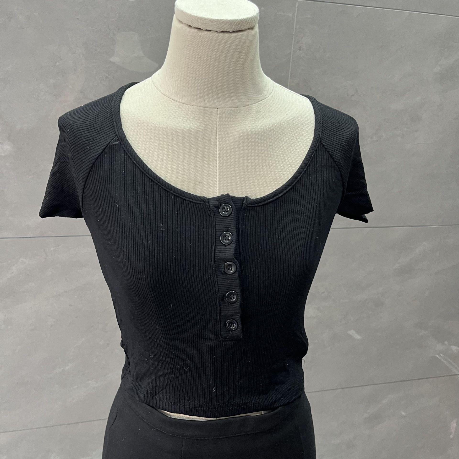 

Корейский шик кроп-топ с U-образным вырезом, вязаный: Женская приталенная летняя футболка с коротким рукавом L (Recommended for ~115 lbs)