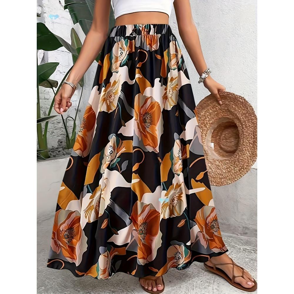Elastic Waist Versatile Printed A-Line Midi Skirt