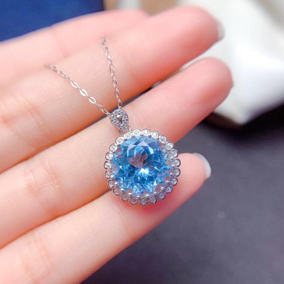 Trending Simulated Aquamarine Topaz Sunflower Pendant Necklace with Full Diamond Design for Women