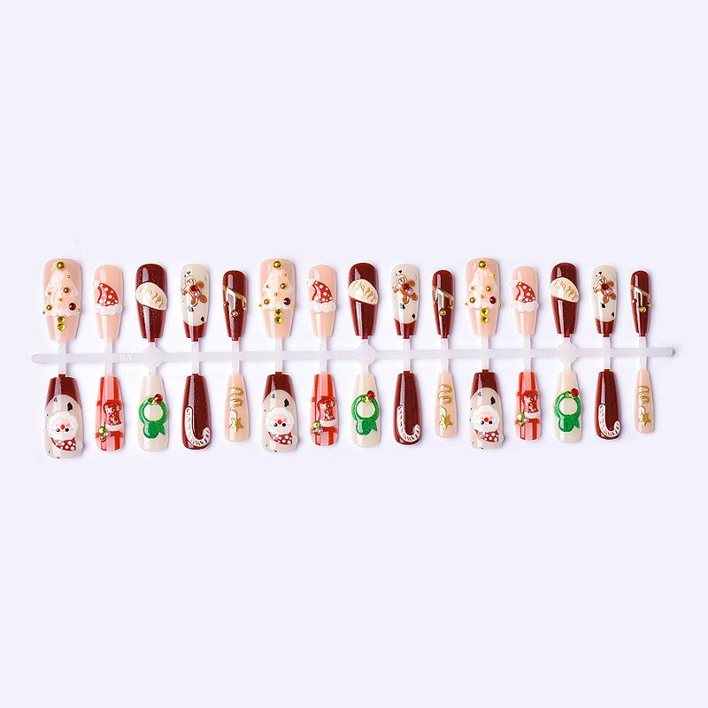 30 Pcs Cute Christmas Handmade Press On Nails Super Kawai Sweet Bow Bear Snowman Long Fake Nails Festival Nail Art Girl Gift