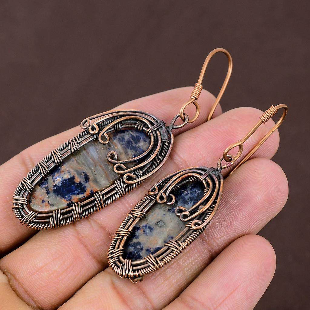 Natural Sodalite Gemstone Handmade Copper Wire Wrap Gift Earring 2.87 M0R17