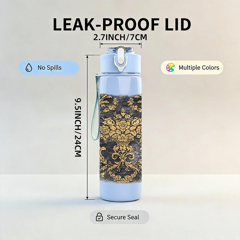 1PC Dark Vintage Damask Pattern Print 750ml Color Plastic Sports Water Bottle Leakproof Flip Straw Lid Suitable for Sports Office Home Use