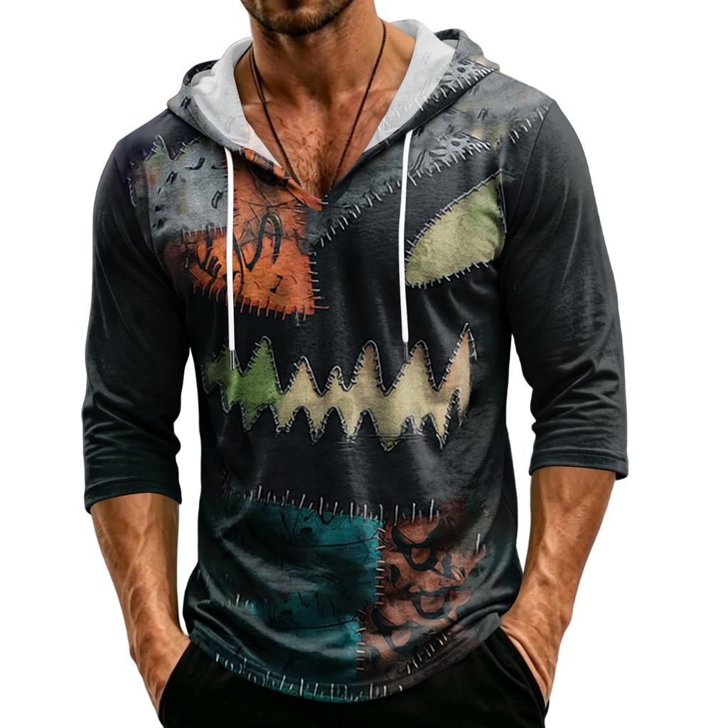 Men's Loose Fit Hooded Three-Quarter Sleeve Halloween Print Pullover