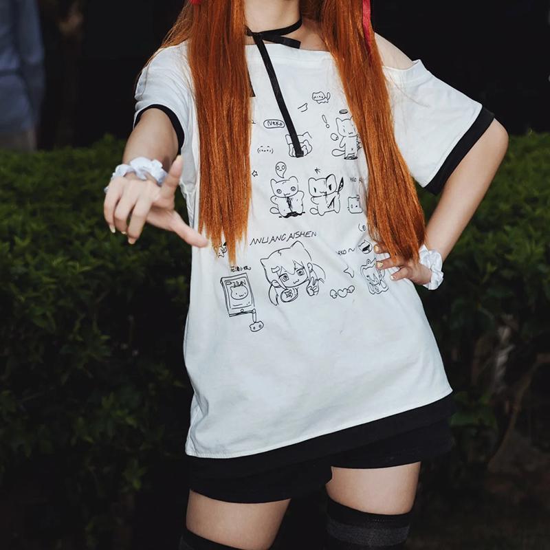 Japanese Y2k Subculture Cute T Shirt Off-shoulder White Short-sleeved Summer T-shirt Woman Cartoon Print Sweet Harajuku Tees