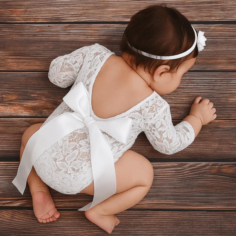 2Pcs/Set Bow Tie Design Newborn Lace Romper Hollow Back Newborn Photography Props Baby Photoshoot