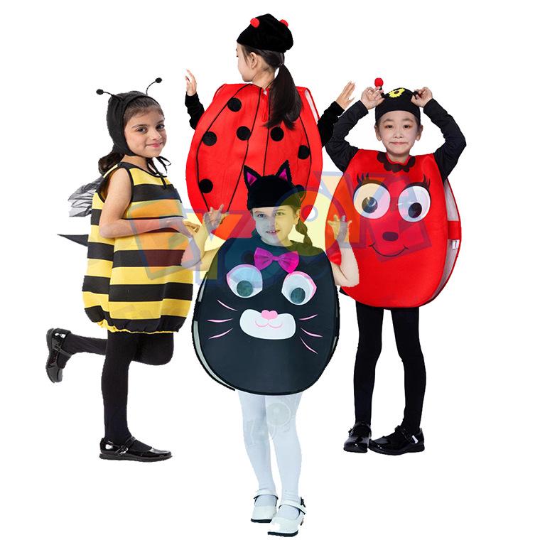 Kid's Halloween Ladybug, Bee, and Black Cat Hooded Costumes for Kindergarten Role-Playing & Stage Performances