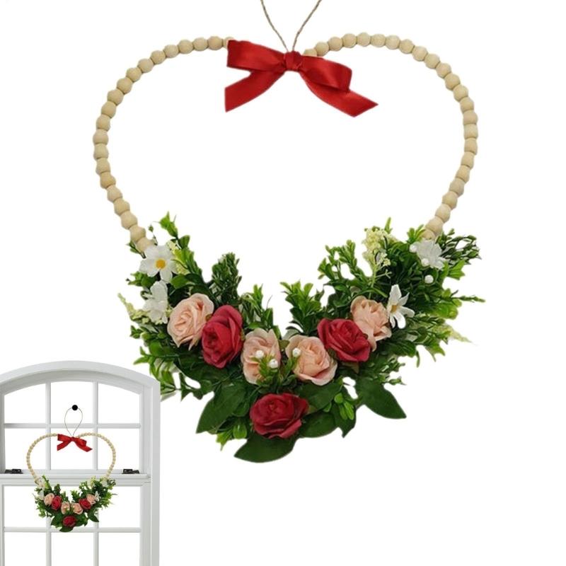 Romance Valentine's Day Heart Shape Wreath with Wood Beads Frame Red Ribbon and Simulated Flower for Festival Home Decors Measuring 36cm Wide 37cm