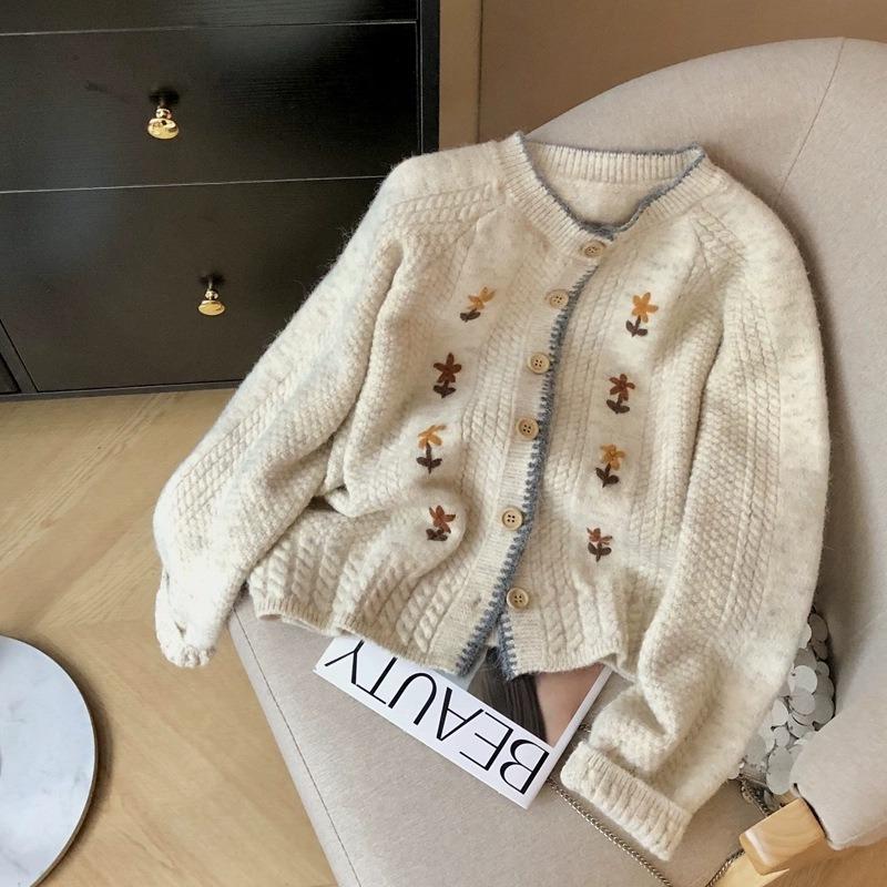 

Crew neck knitted cardigan women s autumn new loose soft waxy sweater jacket One Size