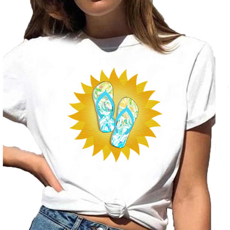 Holiday Beach Style Print Women T Shirt Summer Cool Short Sleeve O Neck Tshirt Girl White Tops Female Clothes Hh1158