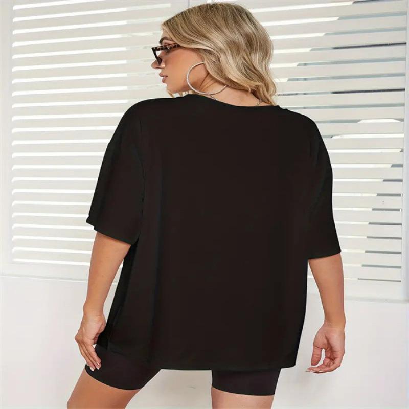 Women Crew Neck Letter Print Drop Shoulder Sleeve Tee- Fashion Short Sleeve Top