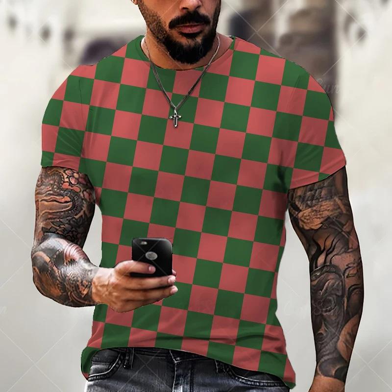 HerSight Heren Trendy T-shirt 3D Geprint Vierkant Ruit Grafisch T-shirt Harajuku Top met Korte Mouwen Herenkleding Shirt S
