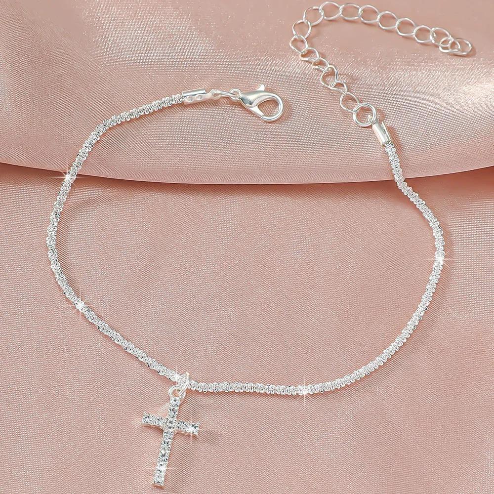 1/2Pcs Shiny Sparkling Simple Silver Color Anklet For Women Simple Elegant Copper Jewelry Female Beach Ankle Bracelet On Foot