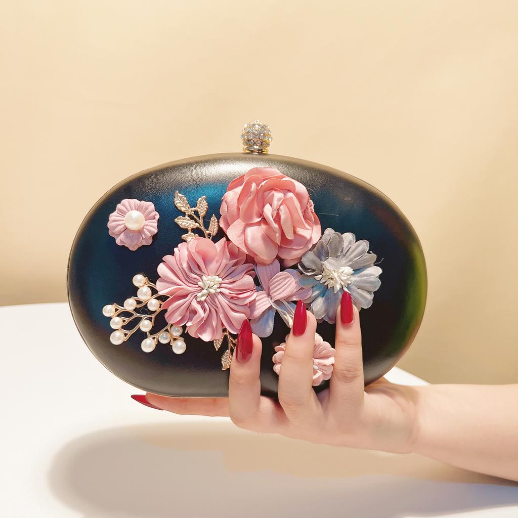Flower Evening Bags Pink Color Women Small Clutch Purse With Chain Shoulder Flap Design Diamonds Beading Box