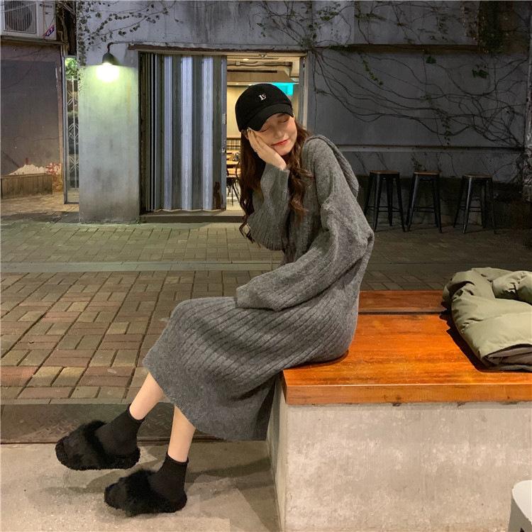 Korean loose hooded bottoming knitted dress women's 2026 autumn and winter thickened knee sweater medium and long skirt
