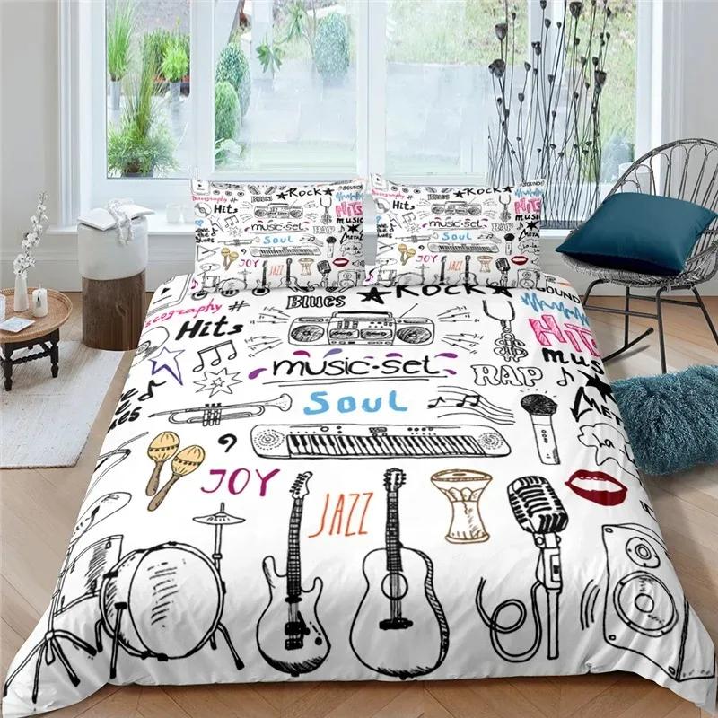 3d Music Notes Guitar Duvet Cover Set for Teens Adults Bedroom Decor Music Bedding Sets Fashion Hip Hop Comforter Cover