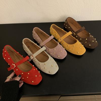 Rivet Red Mary Jane Shoes Women's Spring 2025 New Square Head Shallow Mouth Single Shoes Flat Bottom One Word with Small Leather Shoes