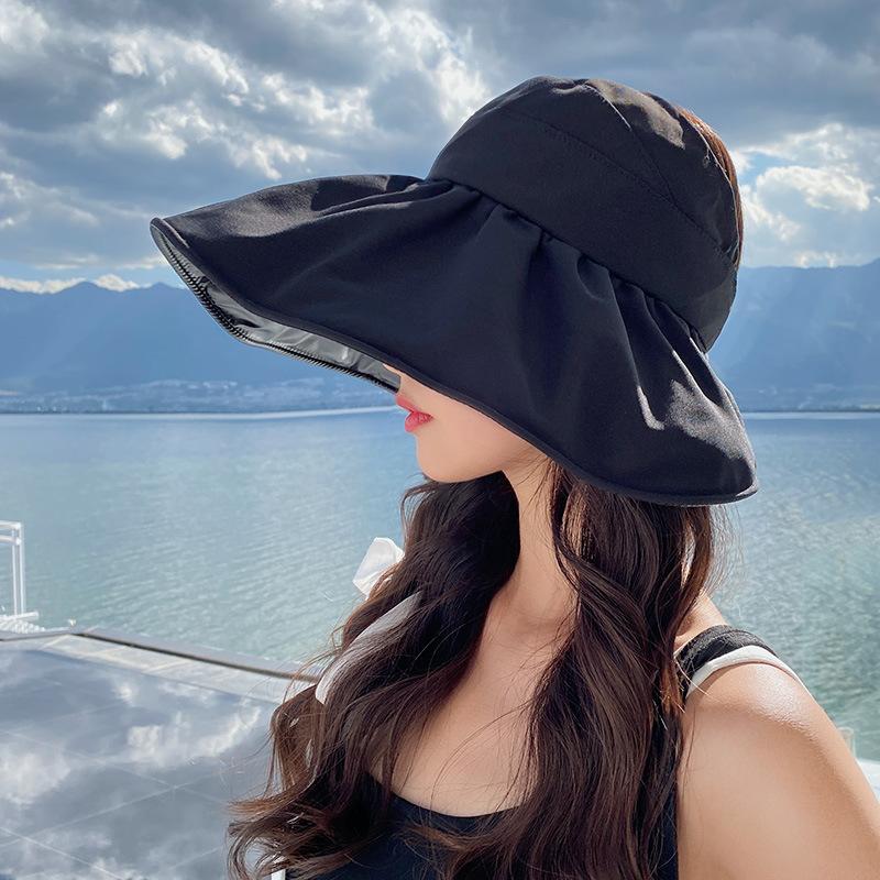 Sunscreen visor hat women's summer vinyl empty top sun hat light big brim face covering foldable bucket hat