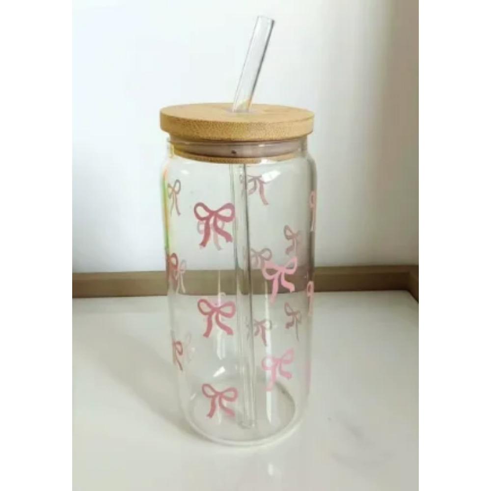 500ml Cute Bow Glass Cup Bow Bear Pattern Water Bottle Coffee Cups With Lids Straw Brush Valentine's Day Party Gift