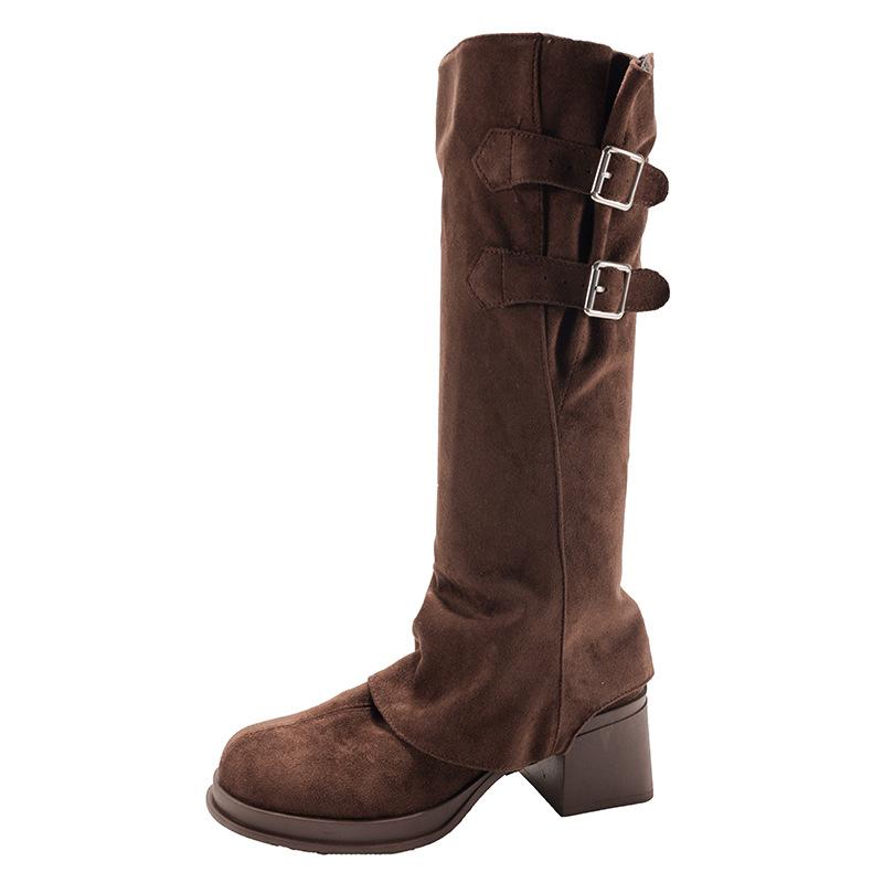 Fashion Vintage Women Western Cowboy Boots Removable Belt Buckle Autumn Winter Shoes Thick Heel Ladies Elegant Long Booties