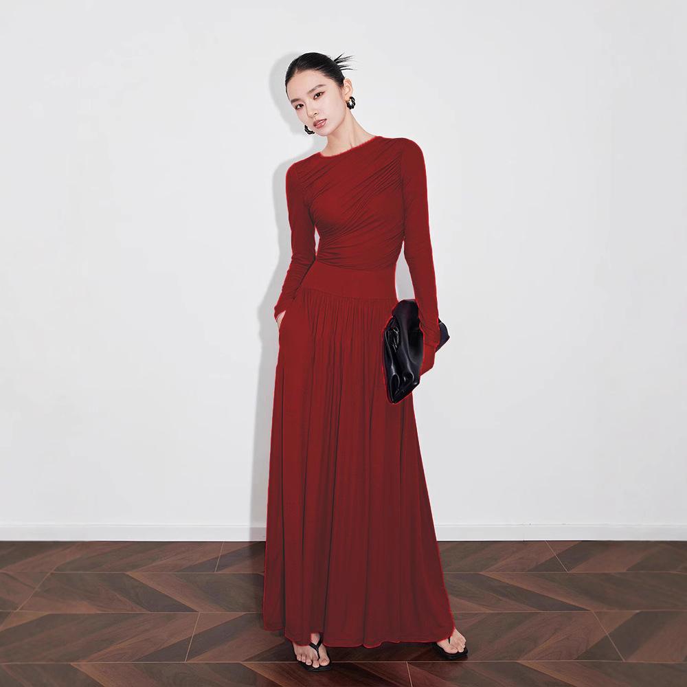 Damen Geraffte Taille Plissiertes Maxikleid Langarm Rundhalsausschnitt Elegantes Kleid