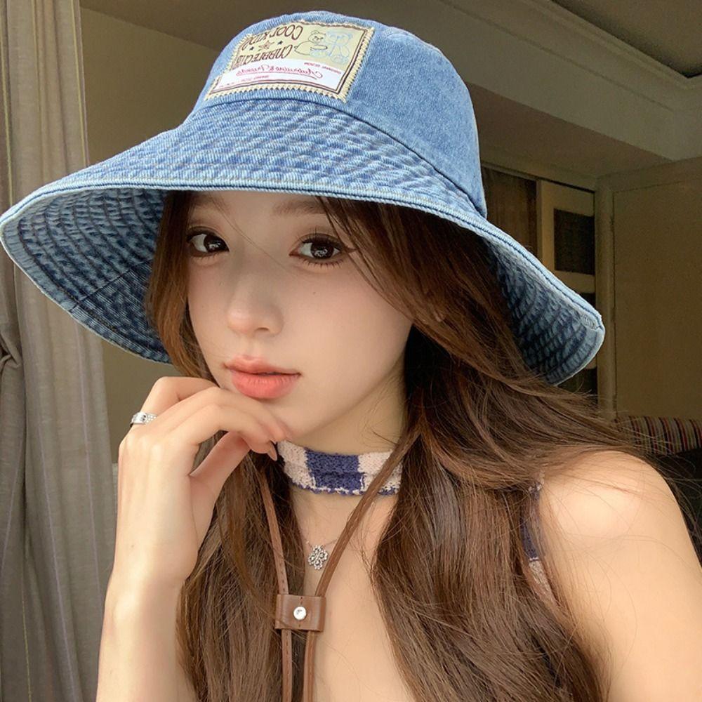Big Brimmed Denim Bucket Hat Sunscreen Sunscreen Hat Fashion Jeans Fisherman Hat  Lady