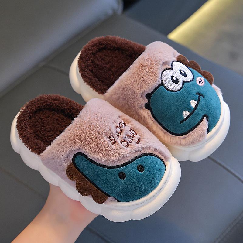 Children's Winter Dinosaur Cotton Shoes with Heel Support, Non-slip Thick Sole, Plus Velvet, Furry, Warm Home Slippers for Boys and Girls.