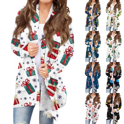 Damen Modischer Locker Geschnittener Lässiger Cardigan mit Weihnachtsdruck Mittellanger Mantel