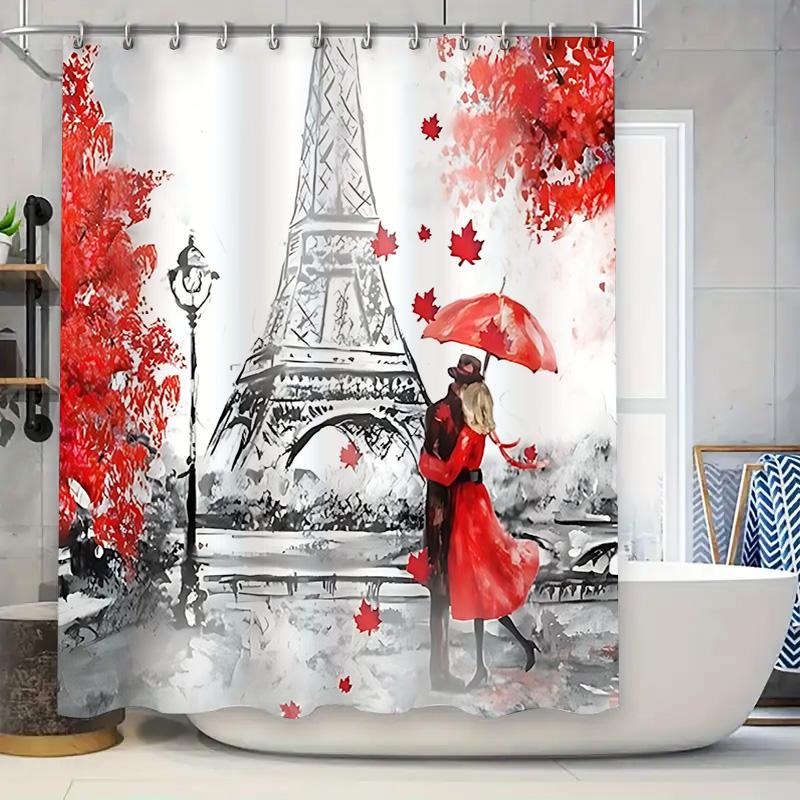 

Paris Romantic Red Umbrella Couple Shower Curtain Elegant Artistic Waterproof Bath Curtain Fashionable Home Decor Easy-Clean 90X180cm(35x70in)