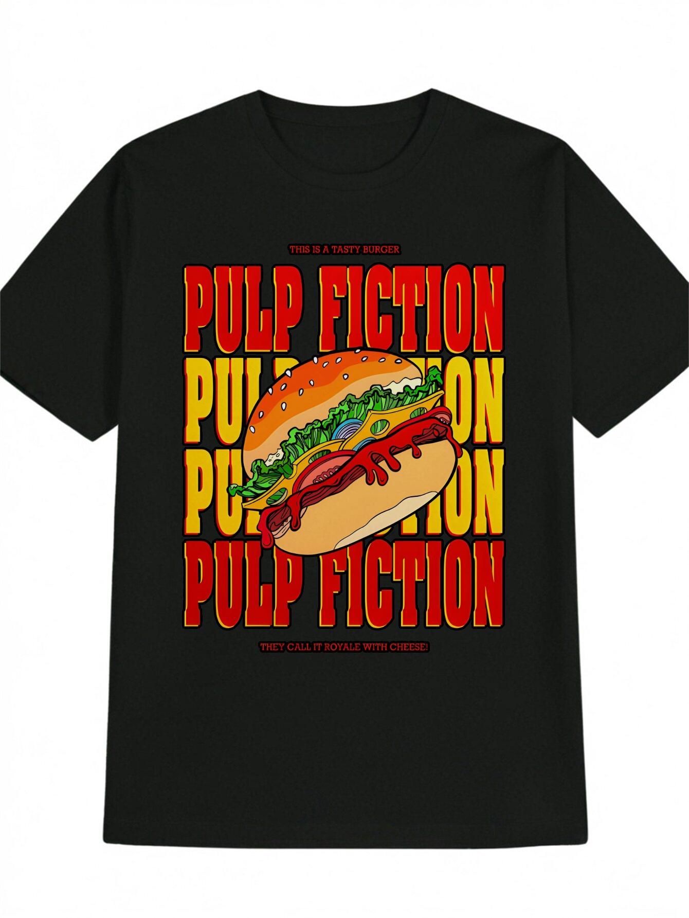 Pulp Fiction Burger Graphic T-shirt - Black Casual Round Neck Tee with Colorful PULP FICTION Design L