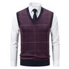 Pánská pletená vesta s výstřihem do V, bez rukávů, kostkovaný vzor, svetr vesta, podzim zima, sametová podšívka, ležérní vesta, pletenina