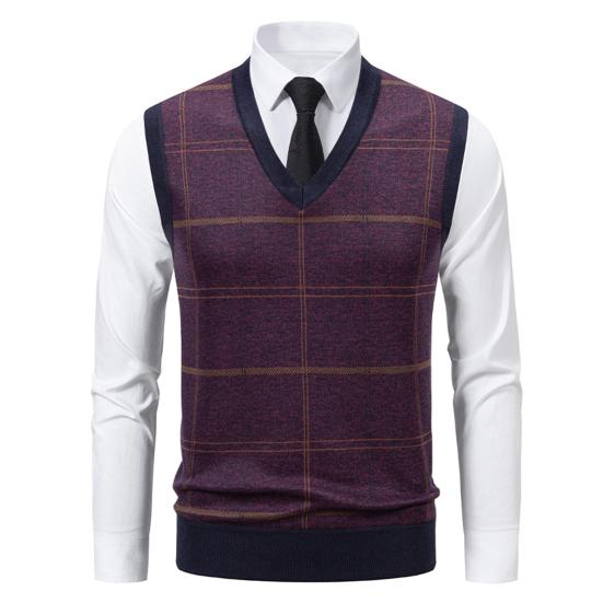 Men Knitting Vest V-Neck Sleeveless Plaid Print Sweater Vest Autumn Winter