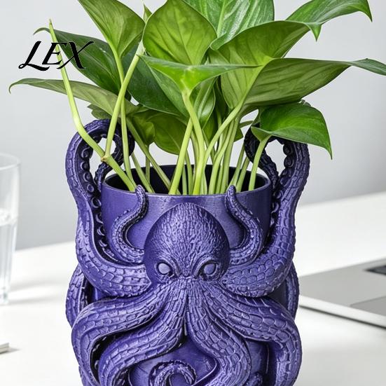 Unique Indoor Plant Holder 3D Printed Octopus Planter with Tray, Marine-Inspired Succulents Pot, Fantasy Style Container Pot Drainage Holes, Nautical