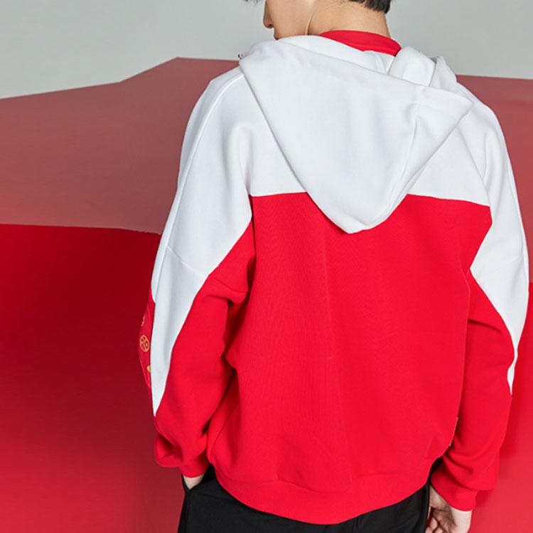 Li Ning Sports Fashion Series Color Block Hooded Sweatshirt Men Outerwear Red White AWDQ099-2