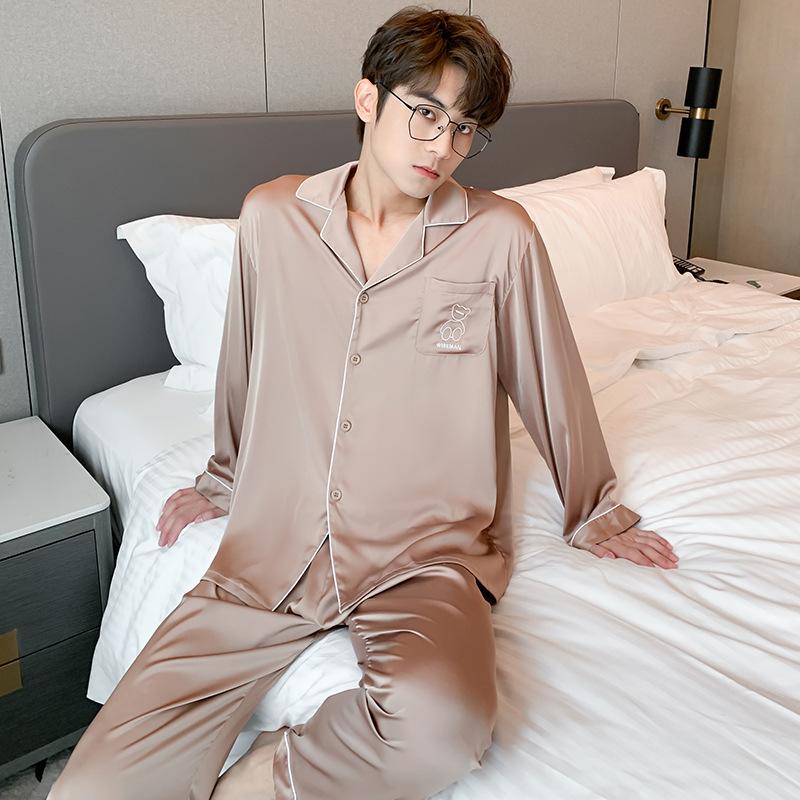 Couple pajamas, women's spring and autumn ice silk long-sleeve loose plus-size loungewear, autumn solid color set, men's 10111+N111