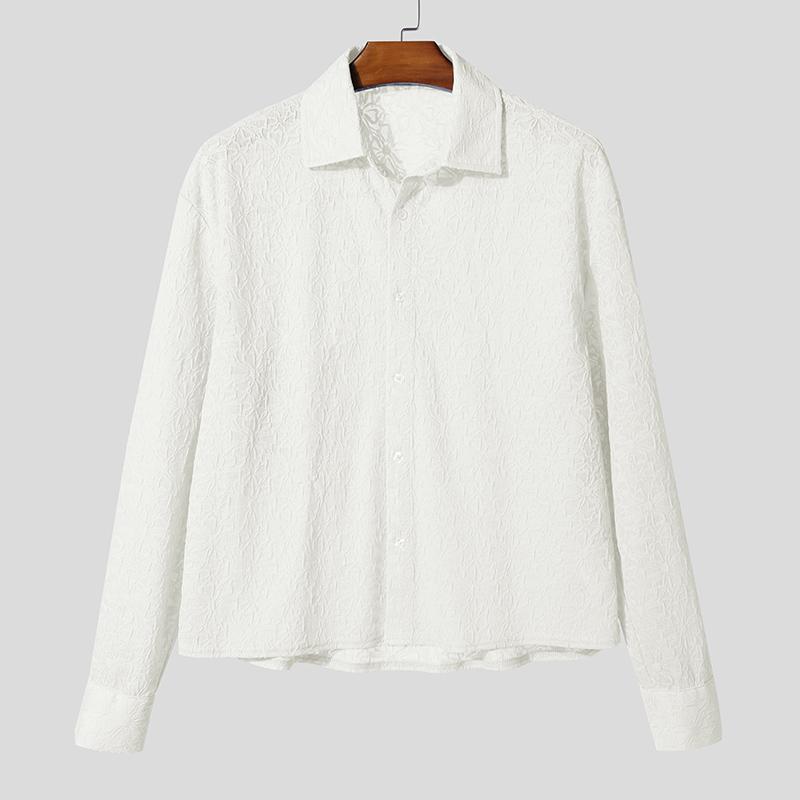 INCERUN Men Lapel Neck Long Sleeve Button Up Lace Casual Oversized Shirts Tops