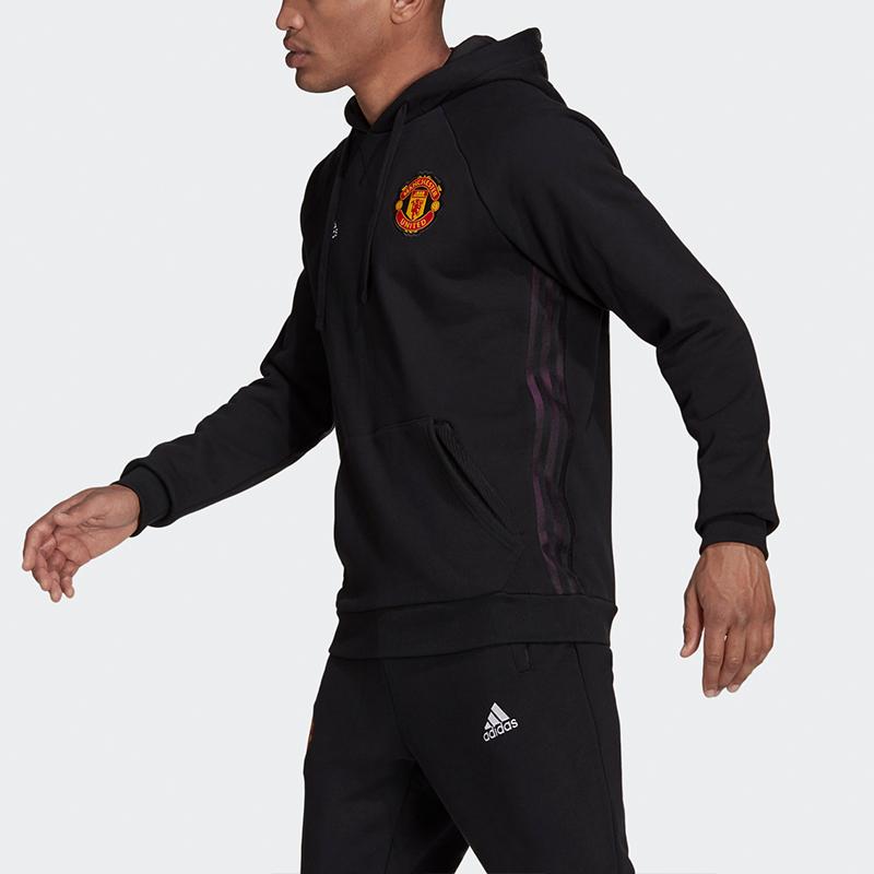 adidas Manchester United Embroidered Logo Hoodie, Men Casual Football Long Sleeve Tops Black GR3909
