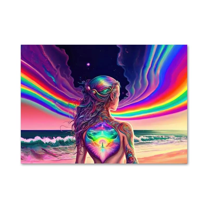 Abstract Colorful Rainbow Goddess Lotus Posters and Prints Figures Canvas Painting Wall Art Pictures for Room Home Decoration