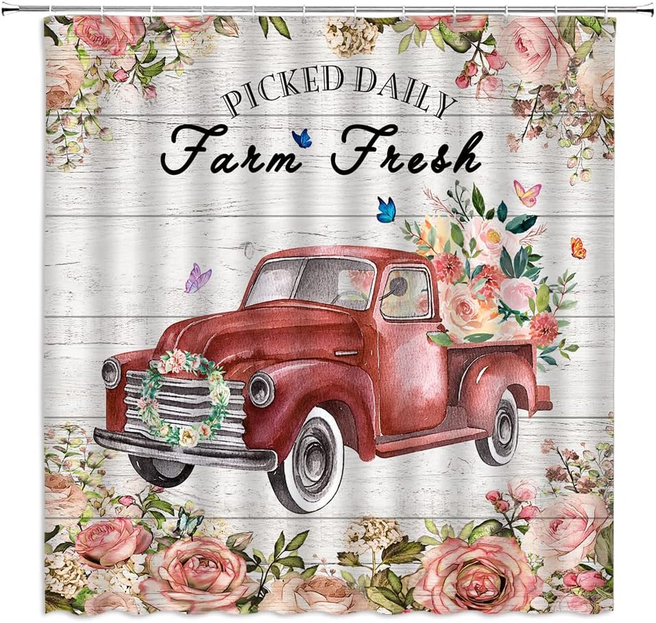 Rustic Framhouse Truck Flower Shower Curtain Farm Fresh Flower Blue Teal Truck on Rustic Vintage Wooden Retro Country Style