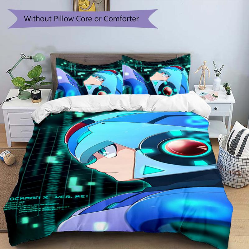 3pcs Cartoon Rockman Game Megaman pattern bedding set duvet cover set includes duvet cover &pillowcases, perfect all season bedroom decoration & gift