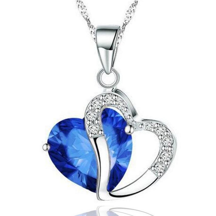 Korean Style Silver Zircon Heart Pendant Necklace with Crystal Clavicle and Sweater Chains