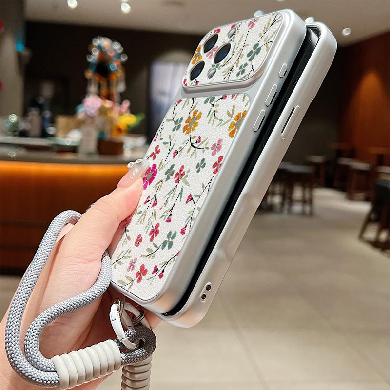Cartoon Daisies Flower Pattern Leather Lanyard Case For iPhone 18 Pro Max Hybrid TPU+PU Anti-skid Soft Cover For iPhone 17 16 15 14 13 Pro Max