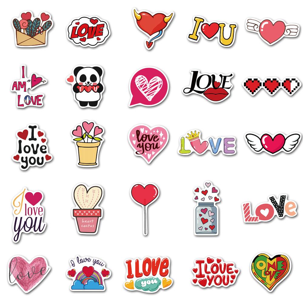 Valentine's Day 50-Piece LOVE Graffiti Stickers - Waterproof Cartoon Decorations for Luggage and Rooms