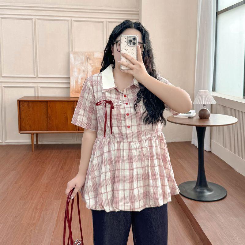 

Plus size women clothing [Plaid Flower Buds Shirts] Retro Contrast Color Lapel Bow Short sleeve 100.00kg Plaid Shirt Apricot red lattice 3XL