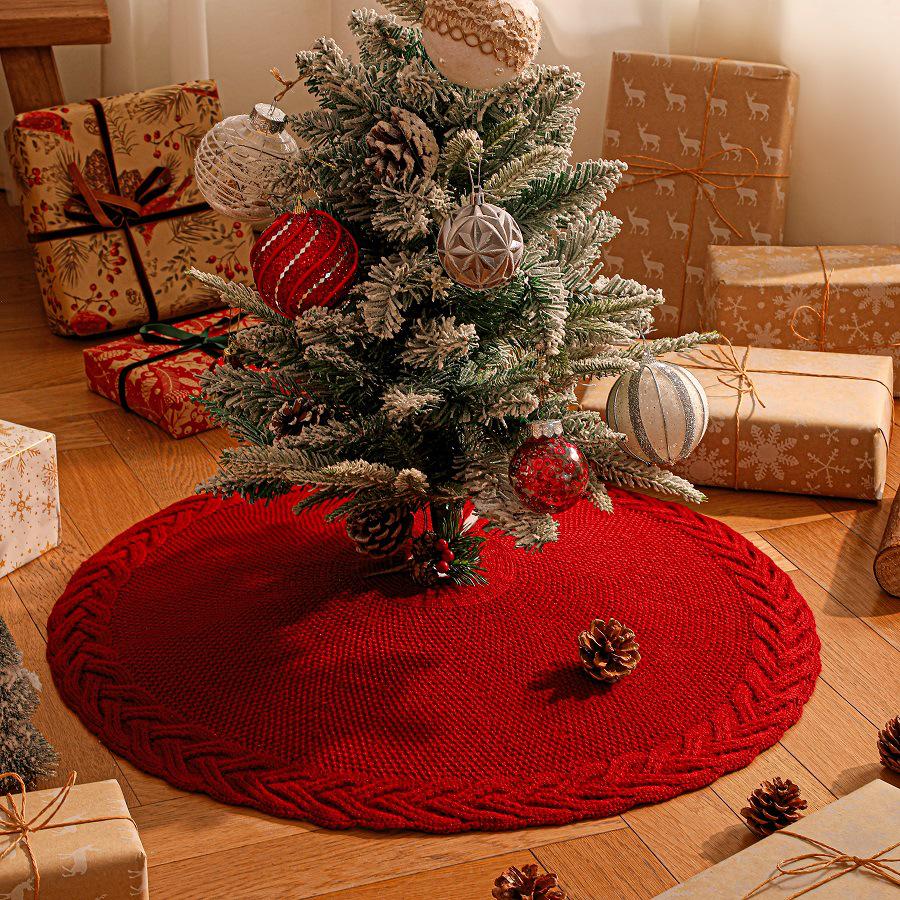 Nordic Style Wine Red Knitted Christmas Tree Skirt with 3D Cable Knit Texture
