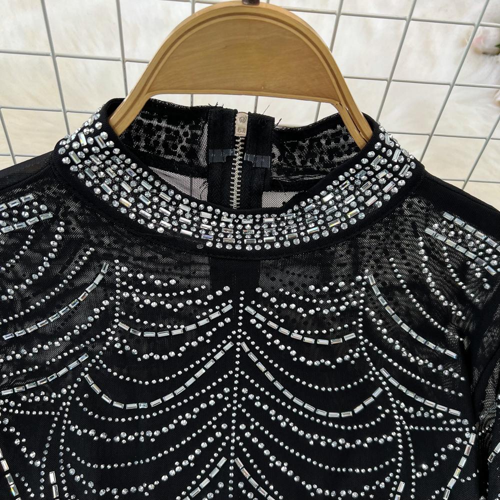 Fashion Suit, Fashion Long-sleeved Stand-up Collar, Slim-fitting Diamond-encrusted Short Top, Two-piece Set, High-waisted Fishtail Skirt.
