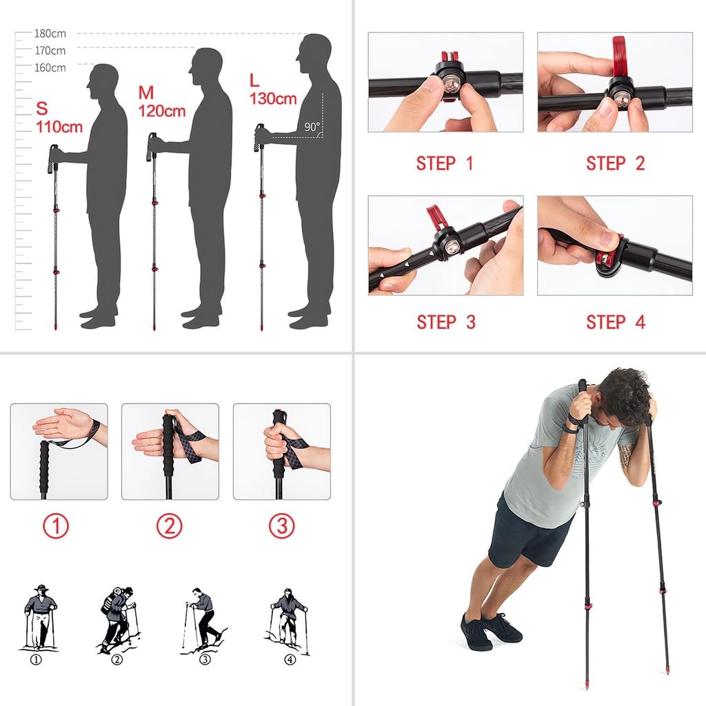Naturehike Carbon Ultraleichter Teleskop-Trekkingstock für Männer und Frauen Kompakt und Längenverstellbar 1 3-teilig (Rot, L, Stück)