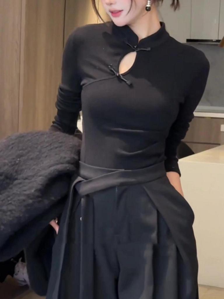 Women's Early Spring Chinese Style Stand Collar Frog Button Long Sleeve Slim Fit Shirt