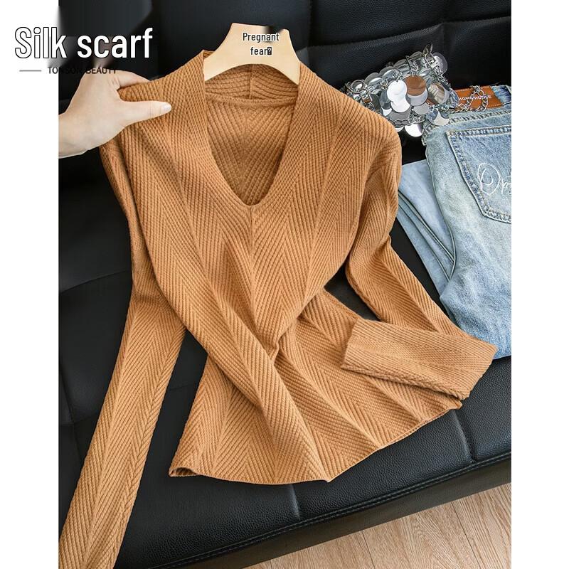 Silbaishe Women s Slim Fit V-Neck Pullover Top One Size